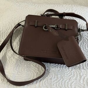 NWT Steve Madden Structured Brown Satchel with Mirror Charm & Rhinestone Buckle